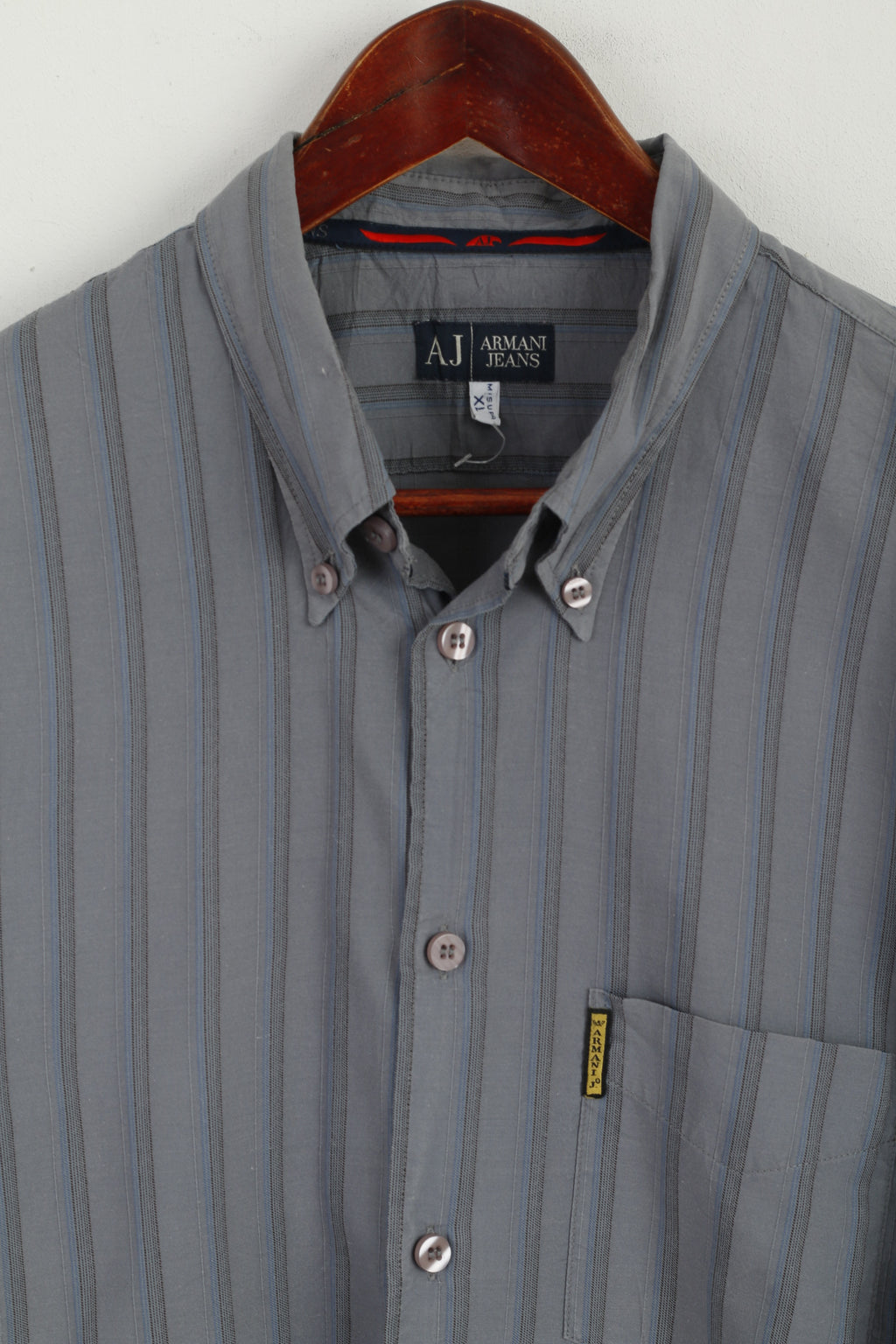 Armani Jeans Men XL (L) Casual Shirt Grey Blue Striped Cotton Long Sleeve Top