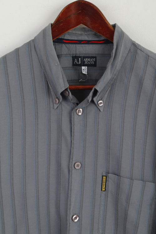 Armani Jeans Hommes XL (L) Chemise décontractée Gris Bleu Rayé Coton Haut à manches longues
