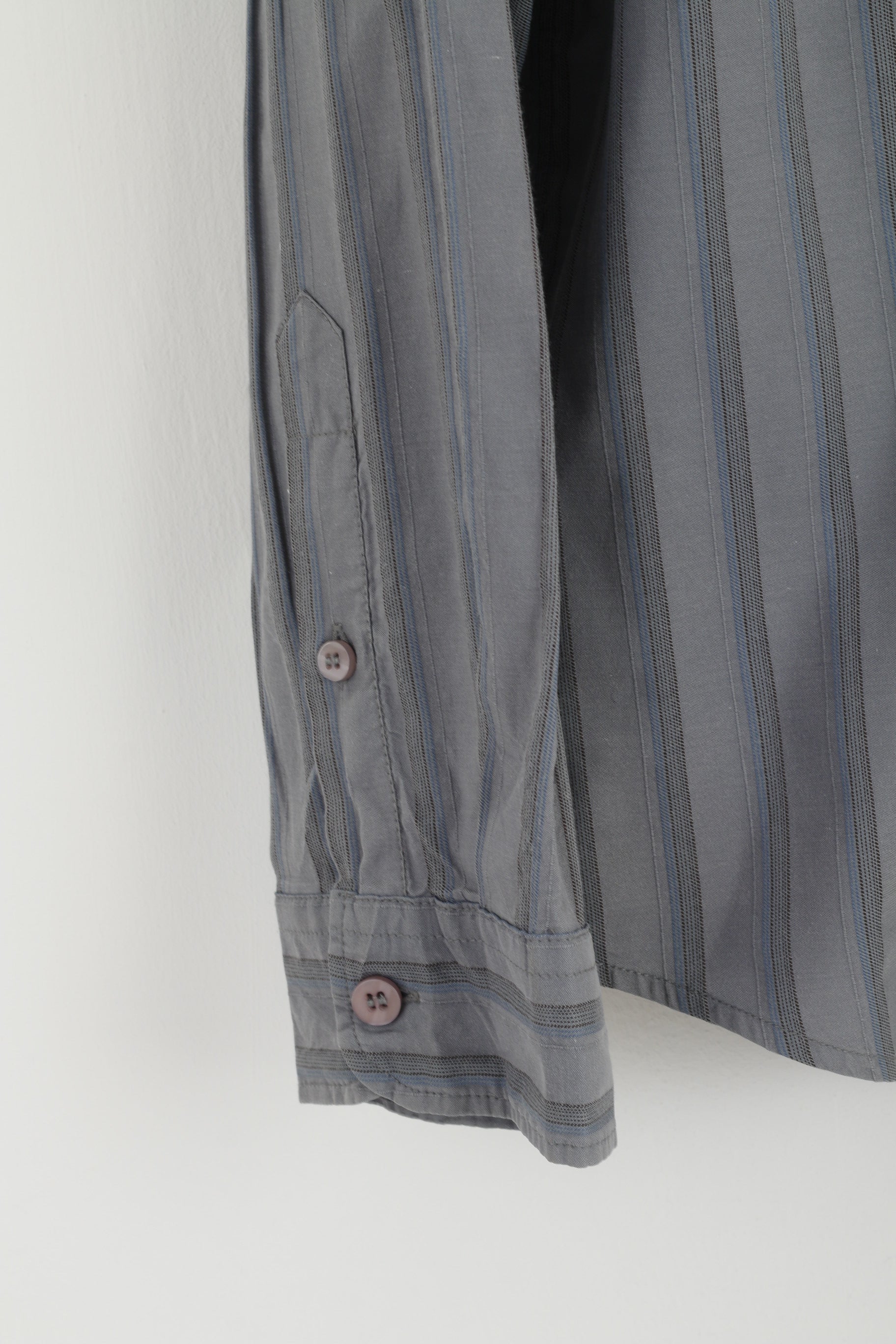 Armani Jeans Men XL (L) Casual Shirt Grey Blue Striped Cotton Long Sleeve Top