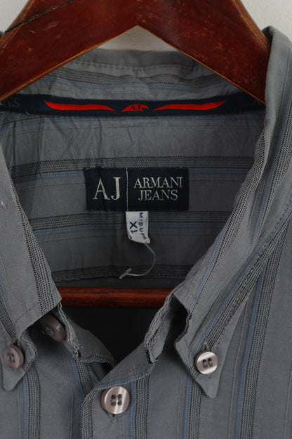 Armani Jeans Hommes XL (L) Chemise décontractée Gris Bleu Rayé Coton Haut à manches longues