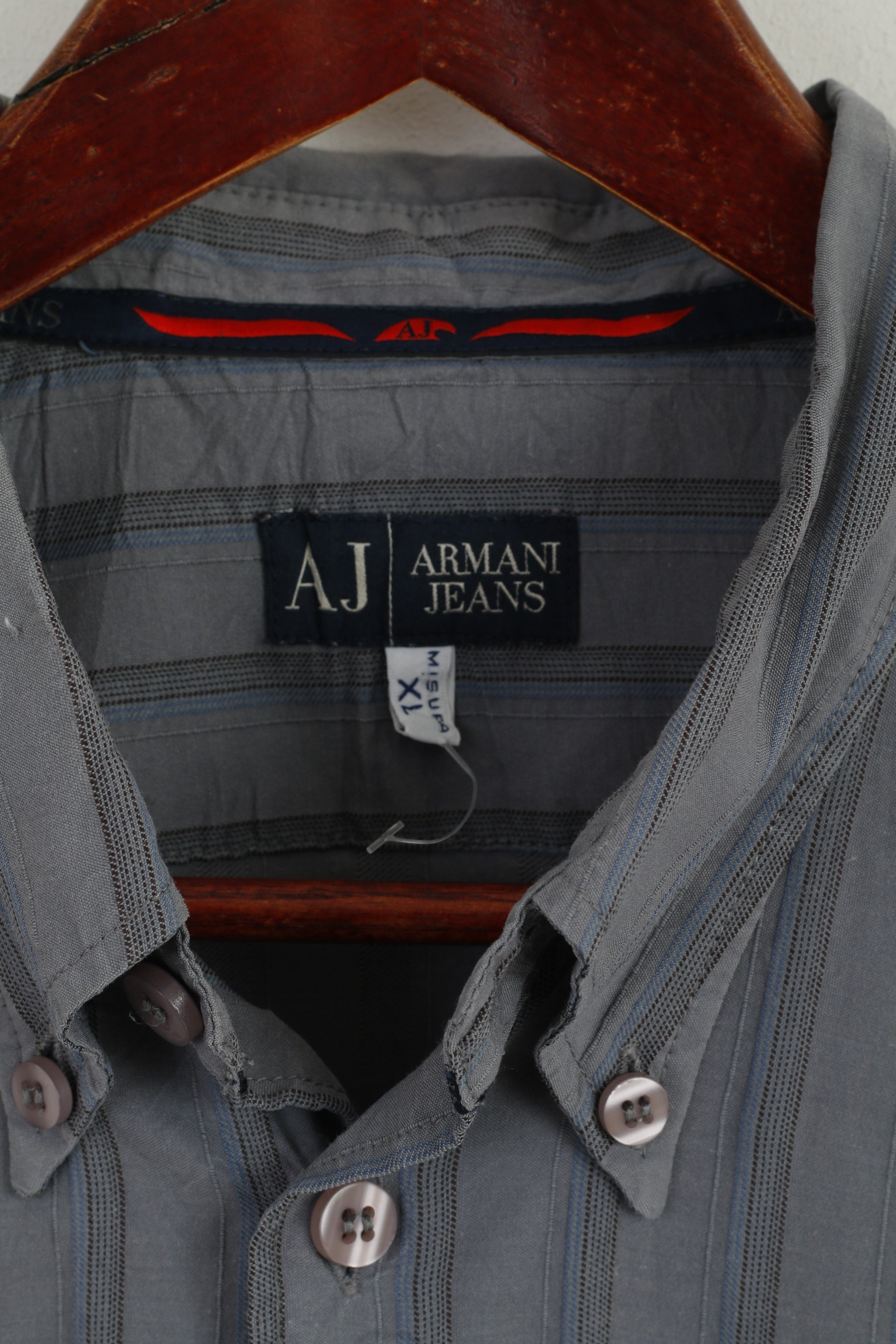 Armani Jeans Men XL (L) Casual Shirt Grey Blue Striped Cotton Long Sleeve Top