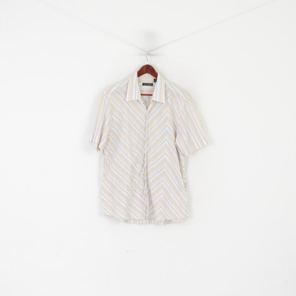 Kenneth Cole Men XL Casual Shirt Beige Striped Cotton Short Sleeeve Top