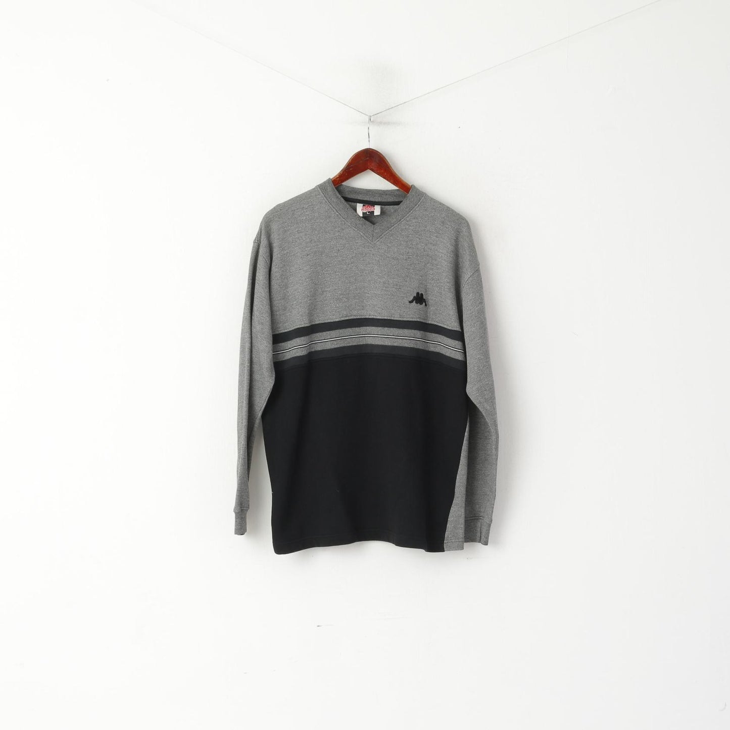 Kappa Men L Sweatshirt Gray Vintage Cotton V Neck Sportswear Top