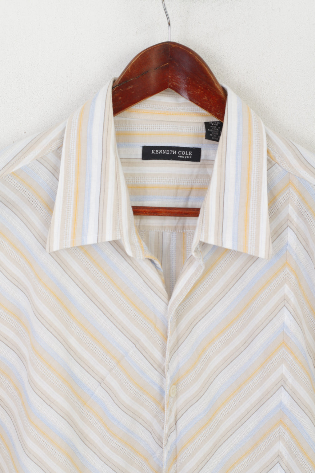 Kenneth Cole Men XL Casual Shirt Beige Striped Cotton Short Sleeeve Top