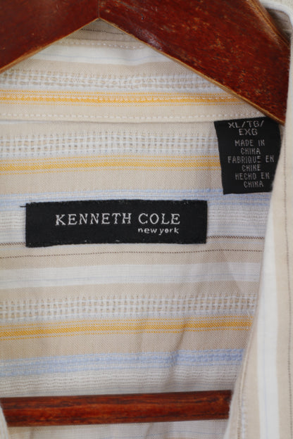 Kenneth Cole Chemise décontractée XL pour homme en coton rayé beige à manches courtes
