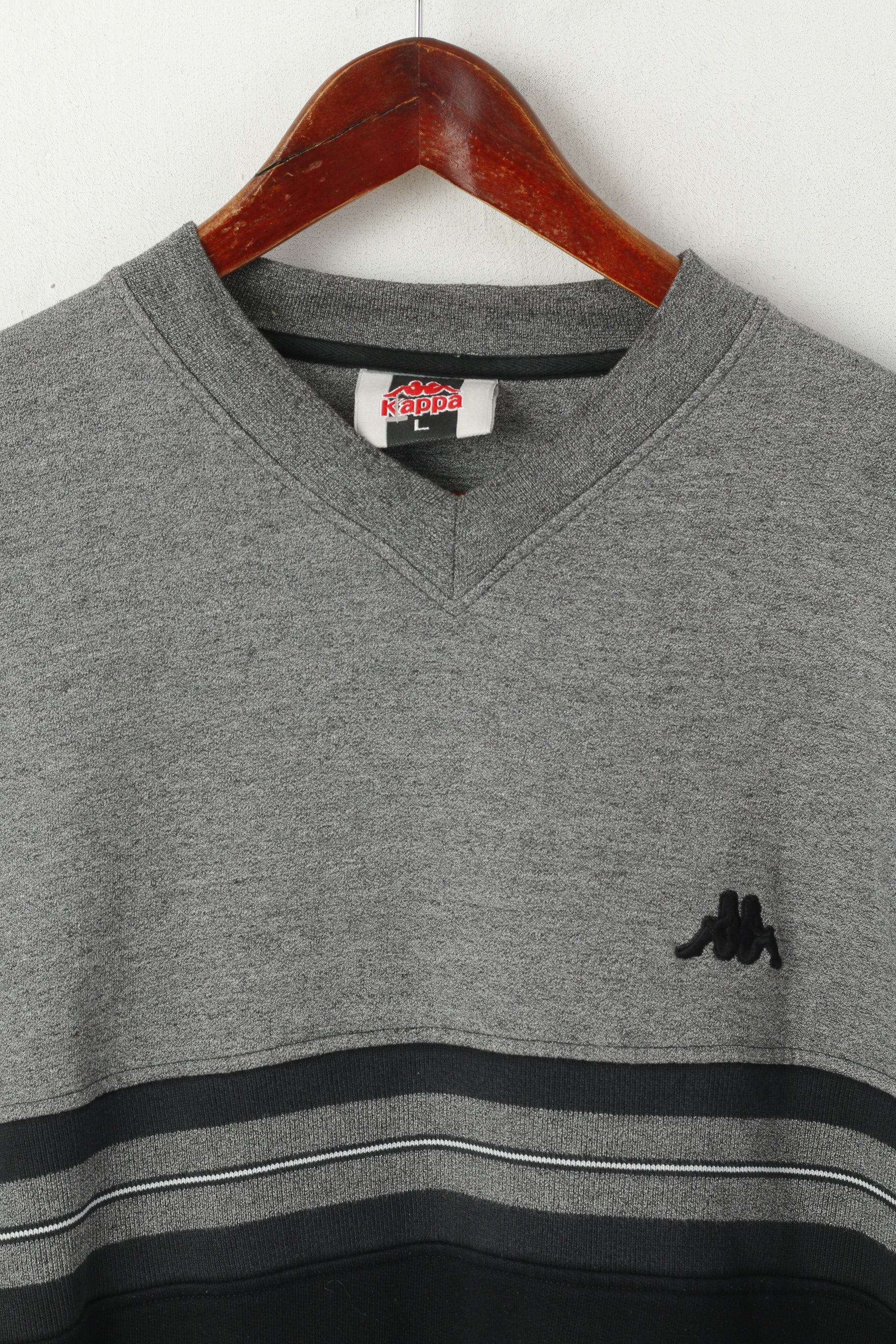 Kappa Men L Sweatshirt Gray Vintage Cotton V Neck Sportswear Top