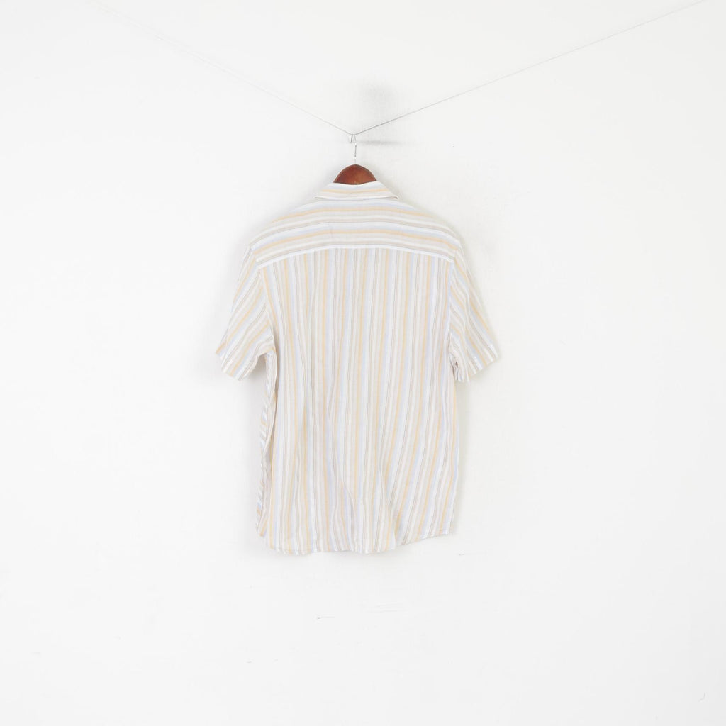 Kenneth Cole Men XL Casual Shirt Beige Striped Cotton Short Sleeeve Top