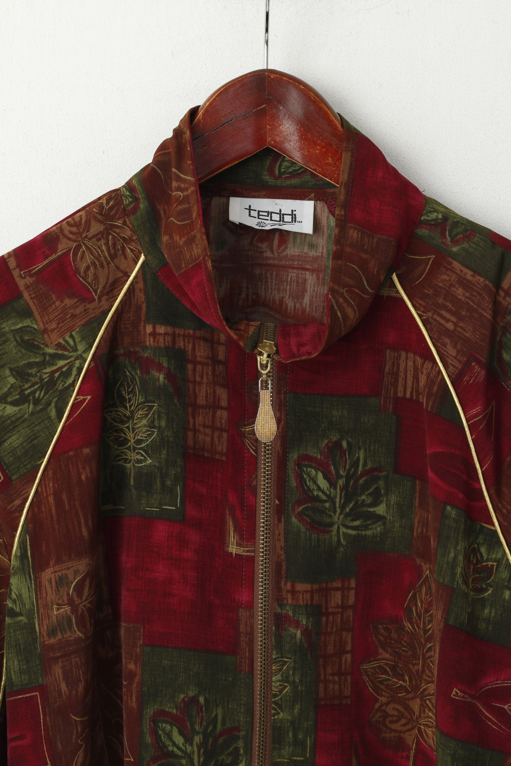 Teddi Women M Jacket Multicolour Festival Leaf Print Full Zipper Lightweight 90s Pockets Top