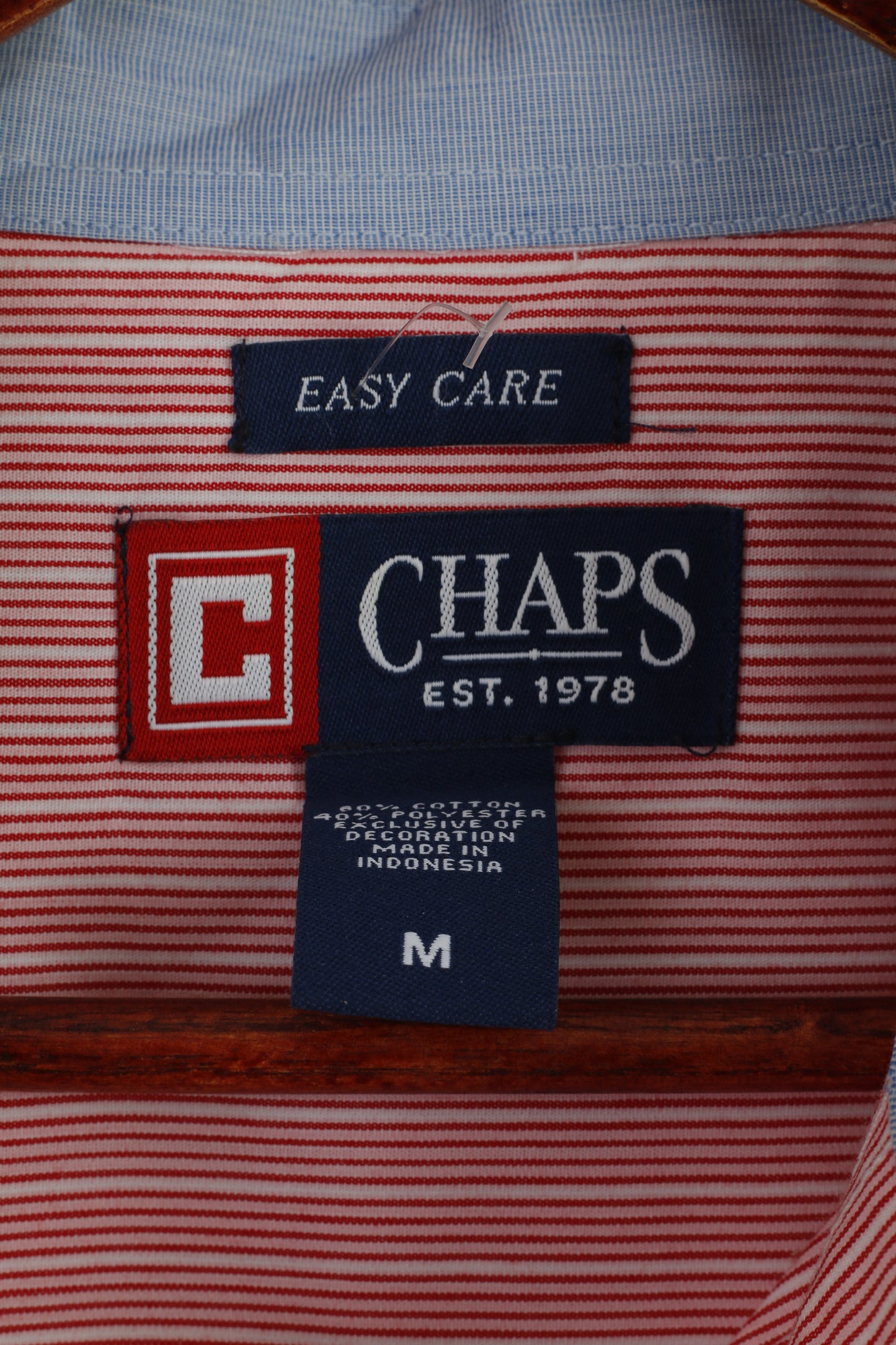 CHAPS Men M Casual Shirt Red Striped Cotton Long Sleeve Easy Care Pocket Classic Top