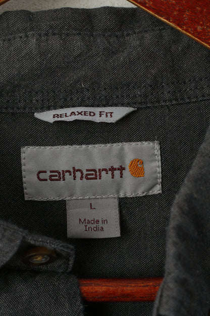 Carhartt Men L Casual Shirt Gray Cotton Relaxed Fit Long Sleeve Pockets Top
