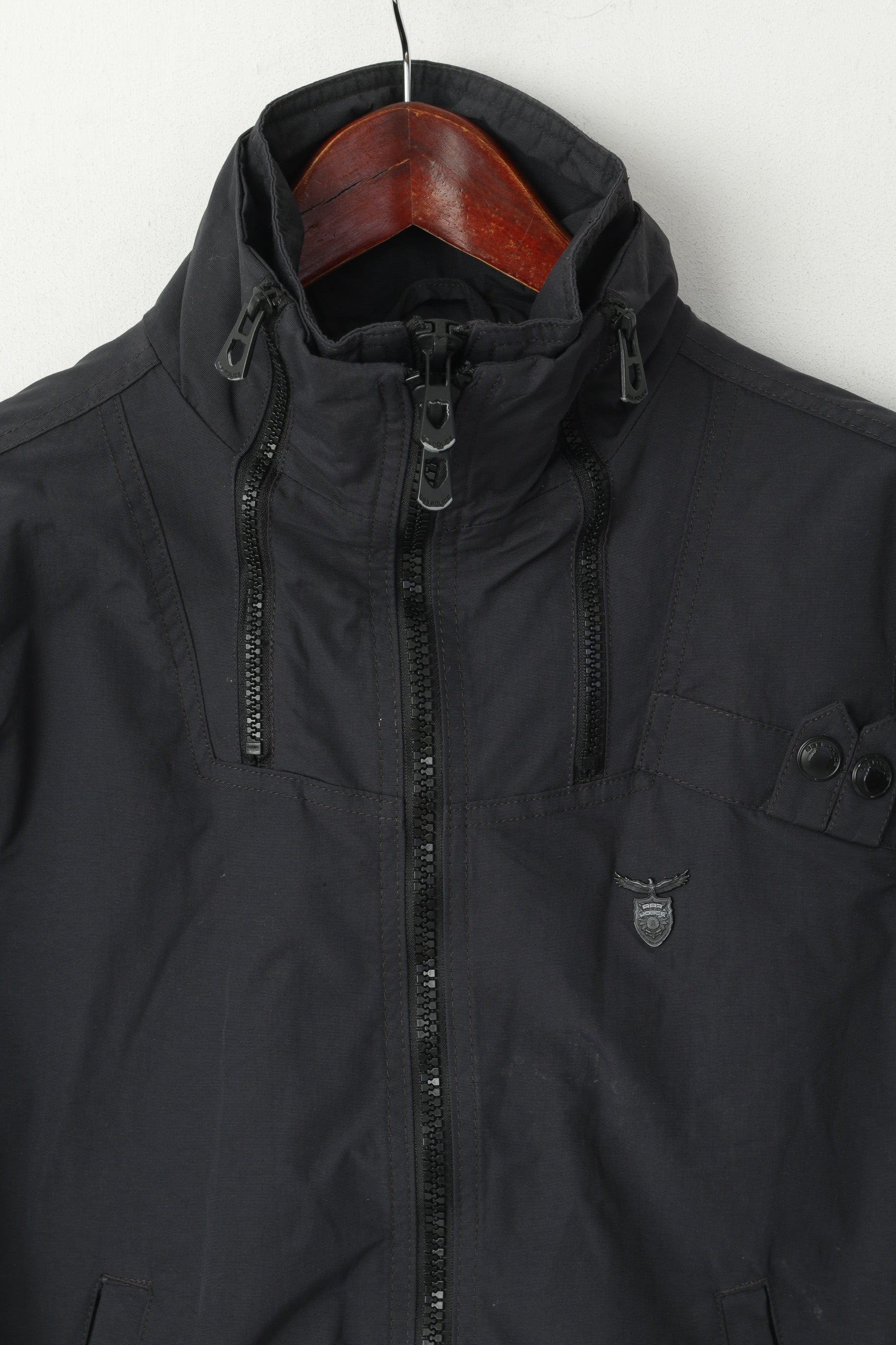 Police 883 Hommes 2 XS Veste Marine Nylon 2 Fermeture Éclair Imperméable Coupe-Vent Haut Décontracté