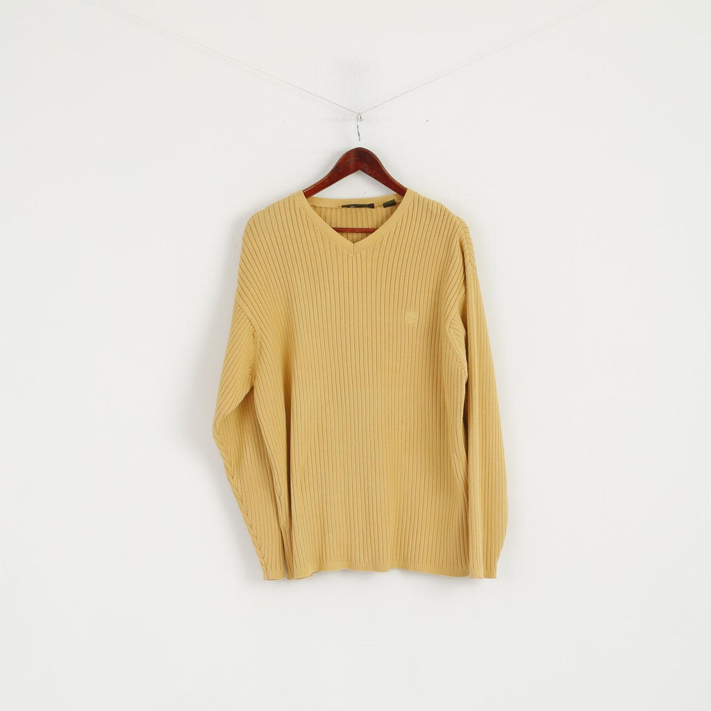 Timberland Men L Jumper Yellow Striped Vintage 100% Cotton Stretch V Neck Sweater