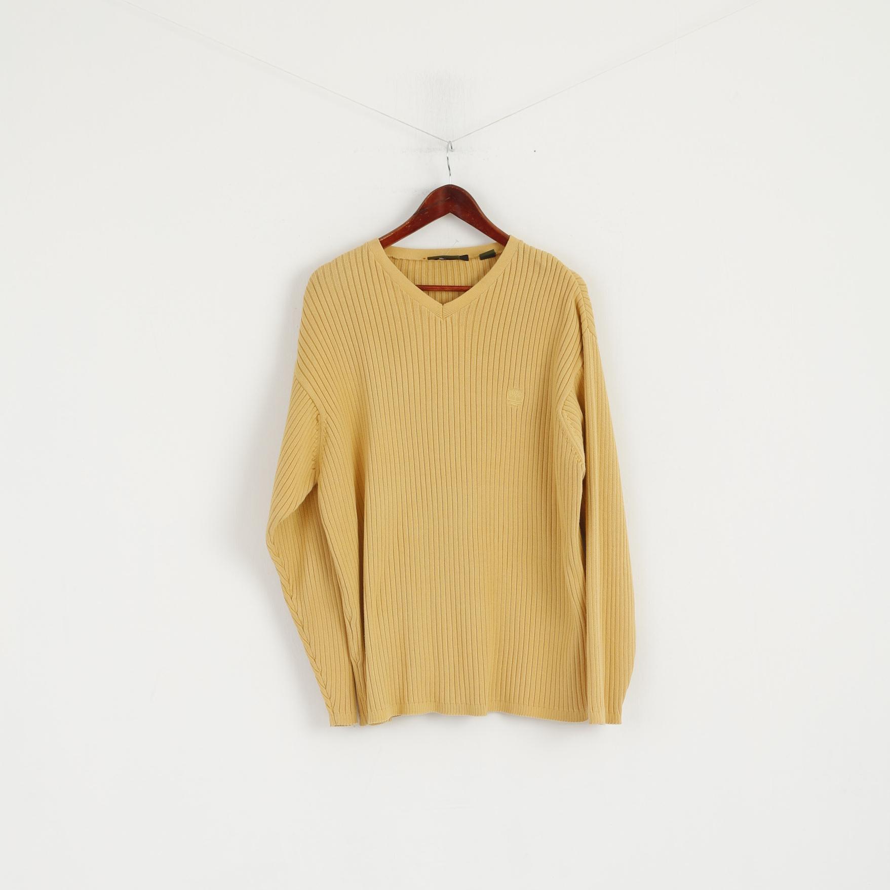 Timberland Men L Jumper Yellow Striped Vintage 100% Cotton Stretch V Neck Sweater