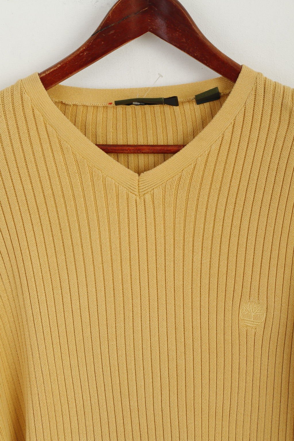 Timberland Men L Jumper Yellow Striped Vintage 100% Cotton Stretch V Neck Sweater