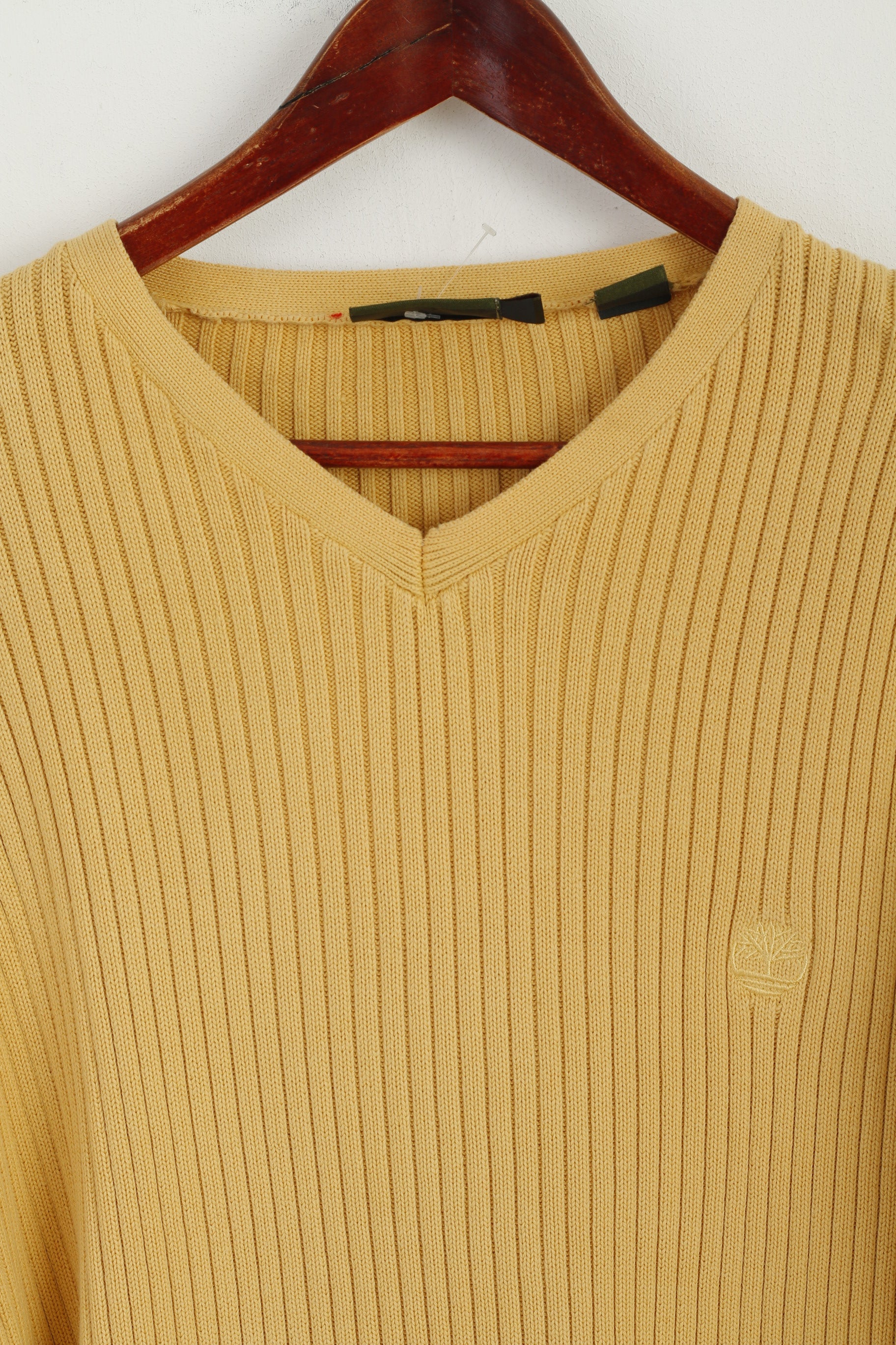 Timberland Men L Jumper Yellow Striped Vintage 100% Cotton Stretch V Neck Sweater