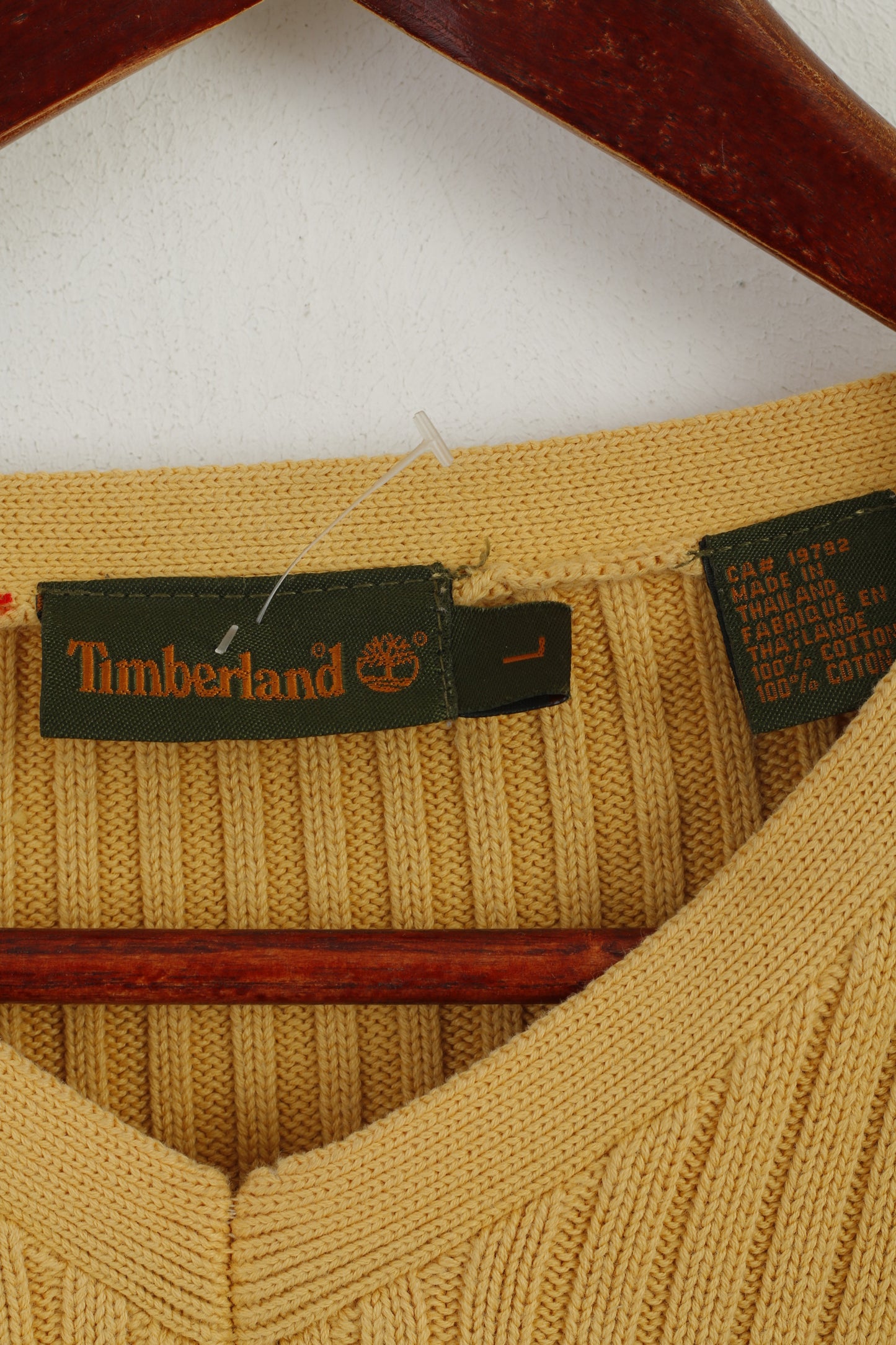 Timberland Men L Jumper Yellow Striped Vintage 100% Cotton Stretch V Neck Sweater