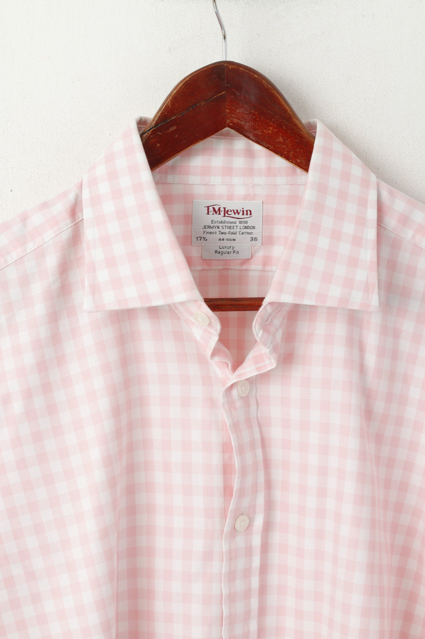 TM Lewin Men 17.5 36 XXL Casual Shirt Pink Check Cotton Long Sleeve Cuff Top