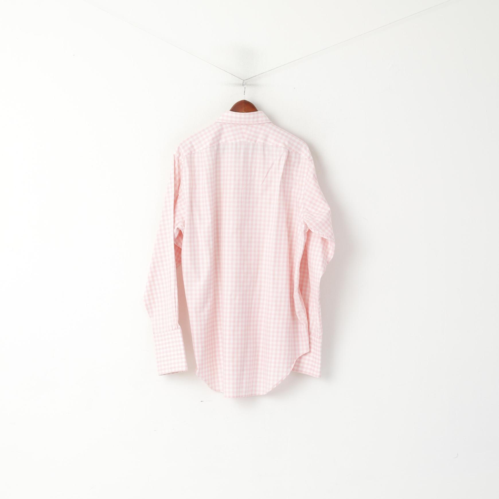 TM Lewin Men 17.5 36 XXL Casual Shirt Pink Check Cotton Long Sleeve Cuff Top