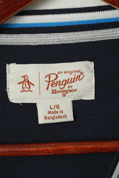 Original Penguin Mens L Shirt Navy Cotton Logo Stretch Plain Crew Neck Top