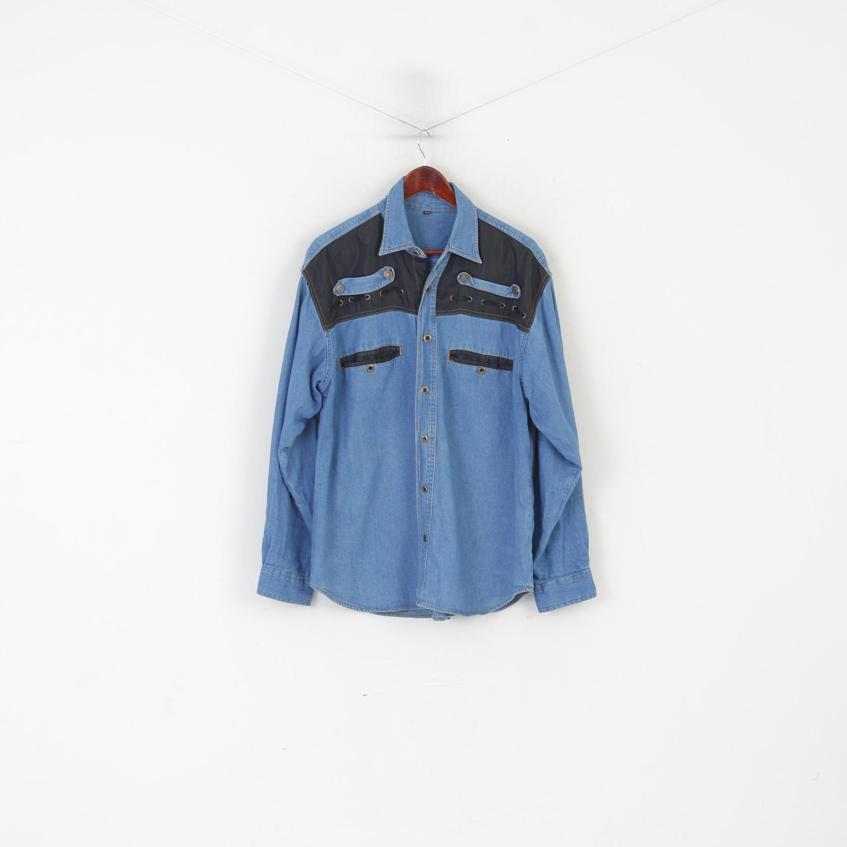 Vintage Men 39/40 M/L Casual Shirt Blue Denim Cotton Western Cowboy Top