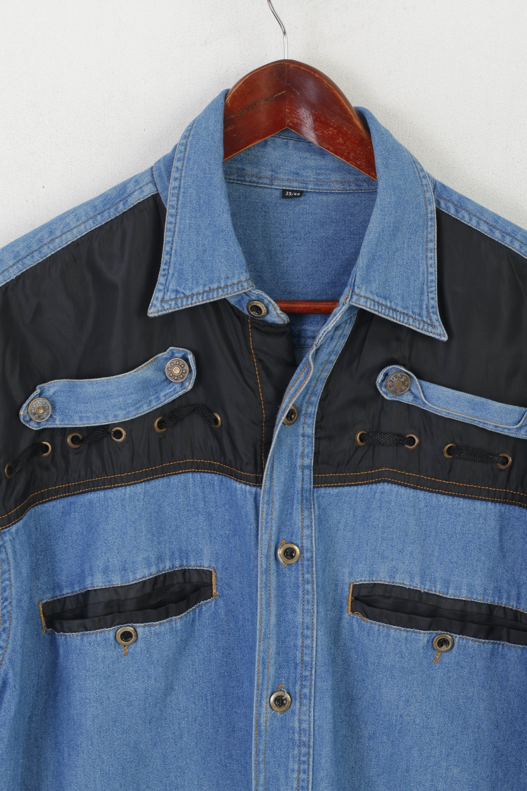 Vintage Men 39/40 M/L Casual Shirt Blue Denim Cotton Western Cowboy Top
