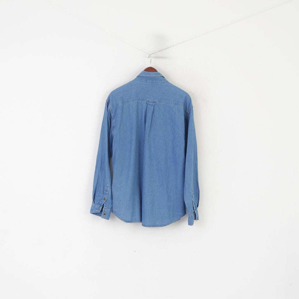 Vintage Men 39/40 M/L Casual Shirt Blue Denim Cotton Western Cowboy Top