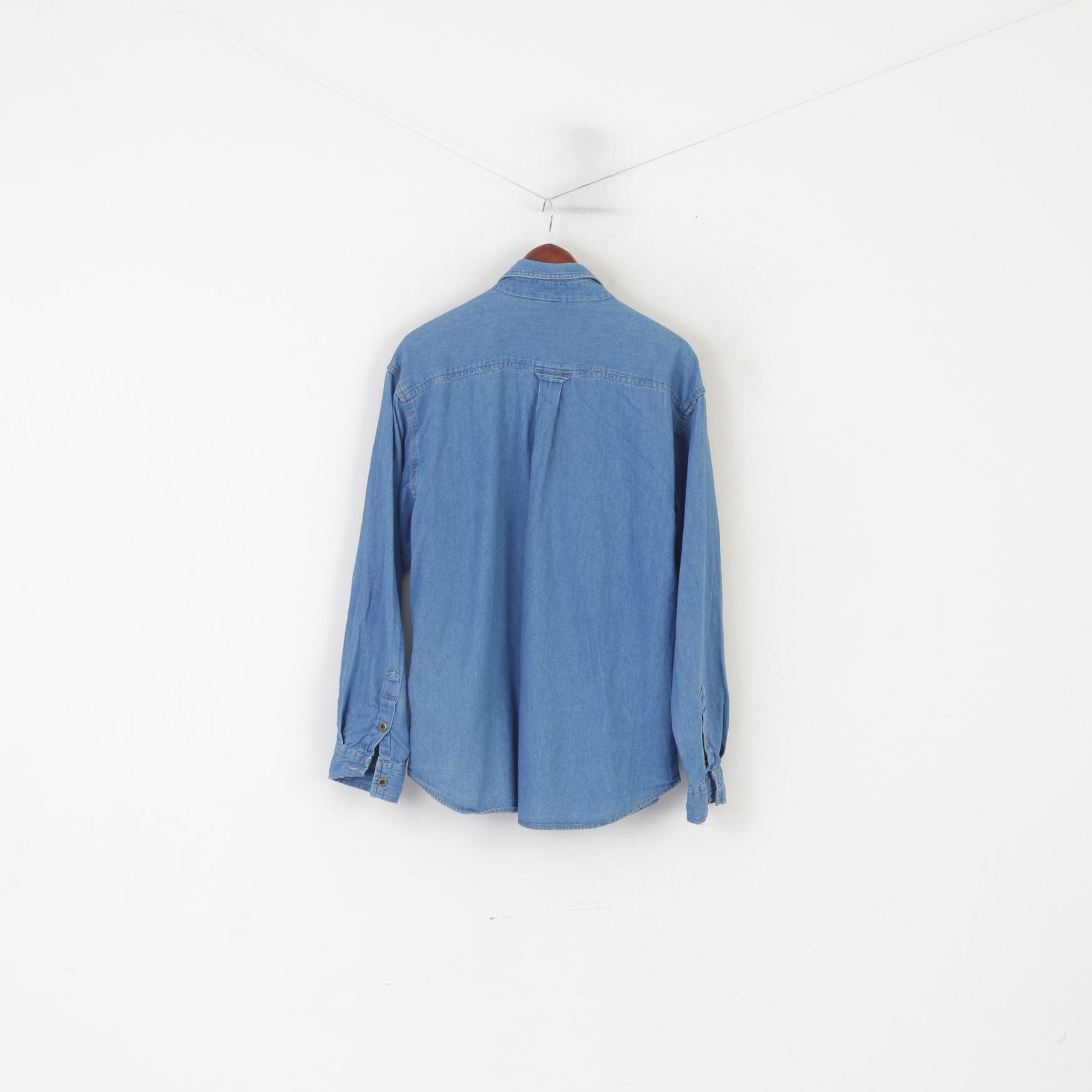 Vintage Men 39/40 M/L Casual Shirt Blue Denim Cotton Western Cowboy Top
