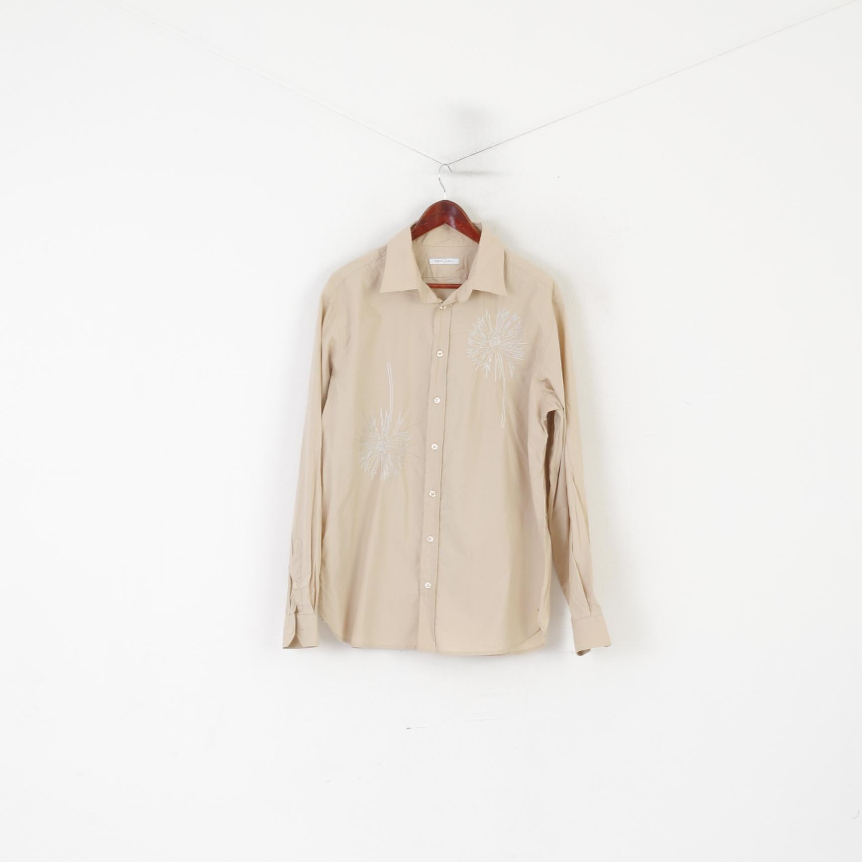 Nigel Hall Men XL Casual Shirt Beige Cotton Emroidered Long Sleeve Top