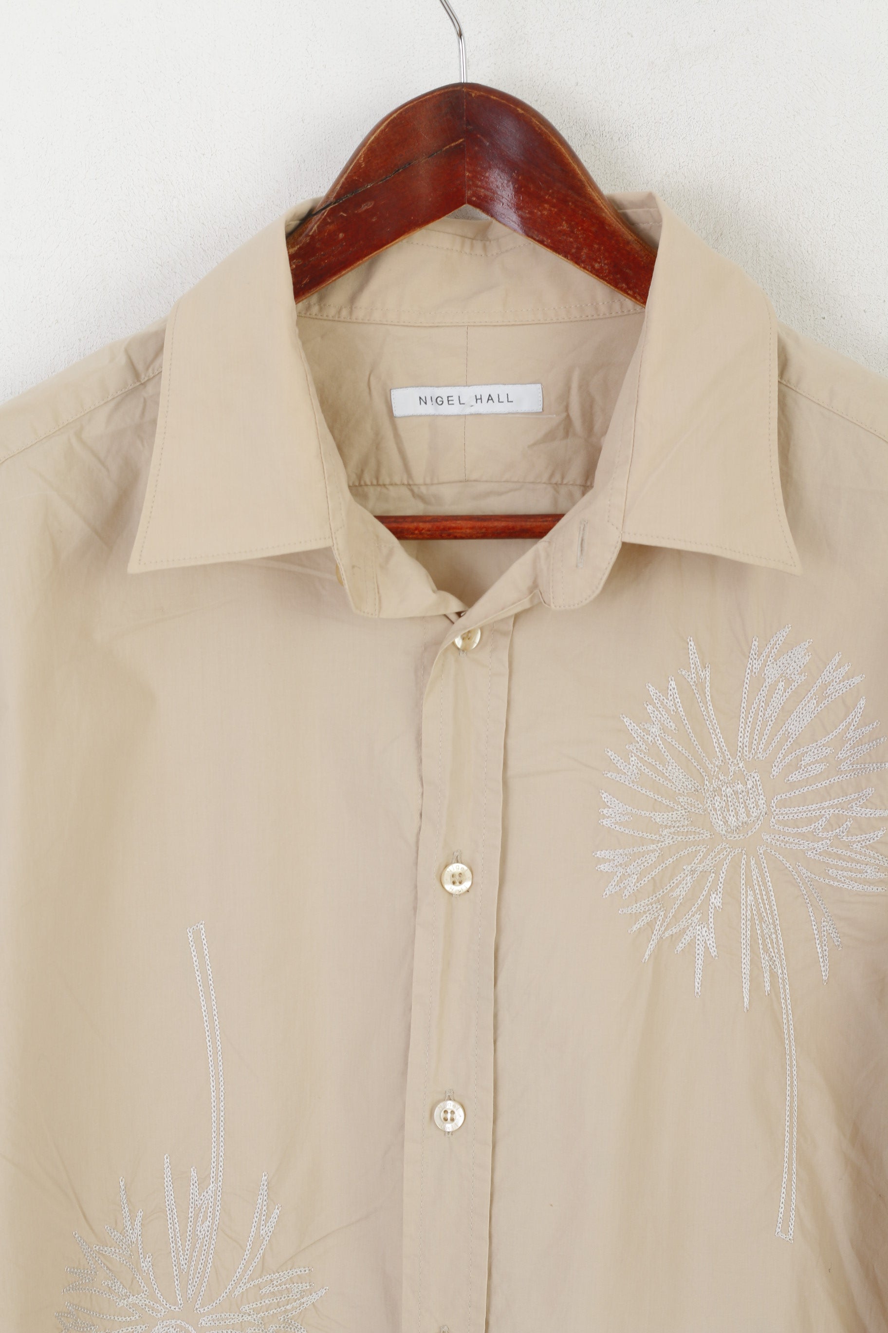 Nigel Hall Men XL Casual Shirt Beige Cotton Emroidered Long Sleeve Top