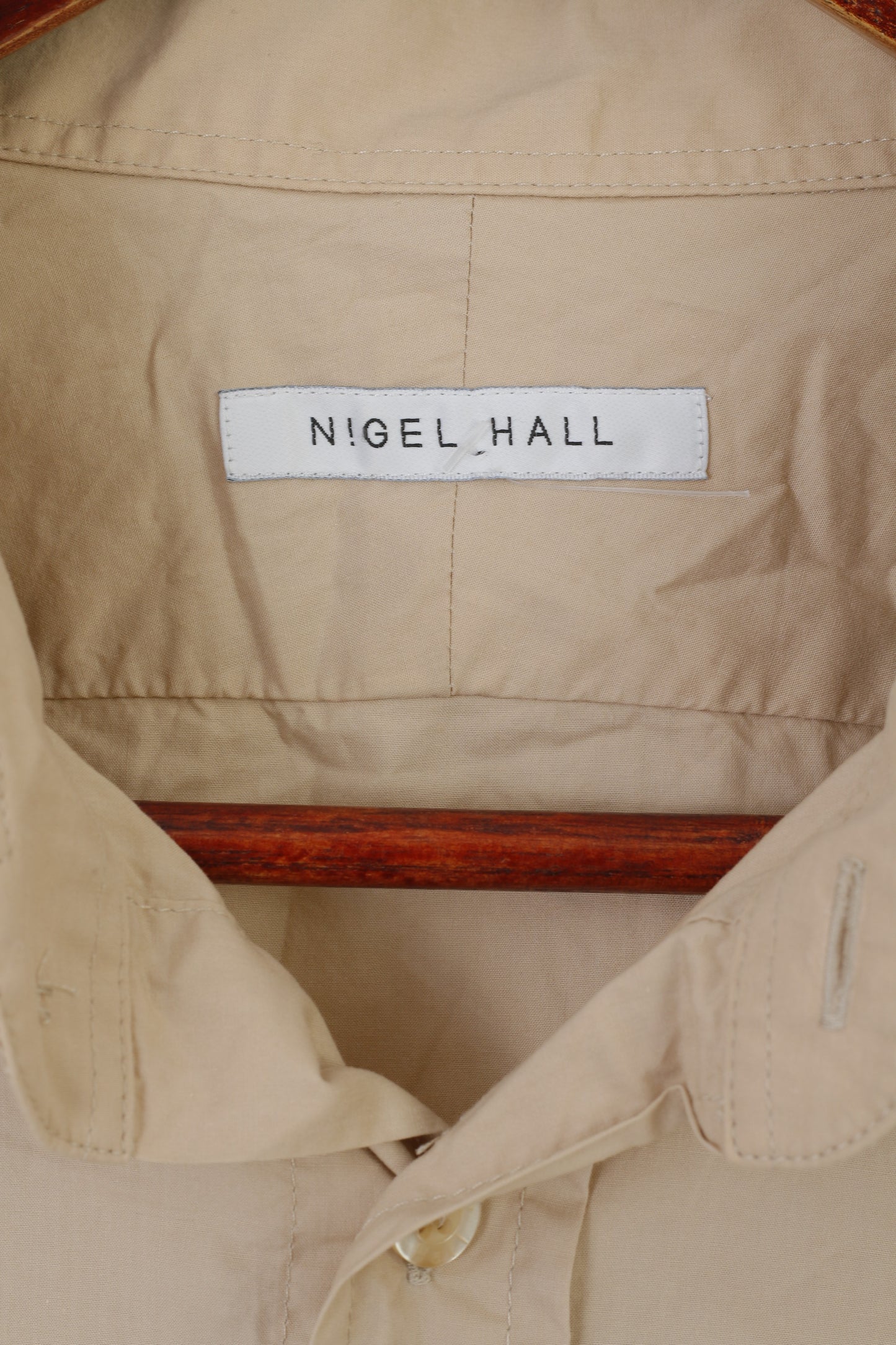 Nigel Hall Men XL Casual Shirt Beige Cotton Emroidered Long Sleeve Top