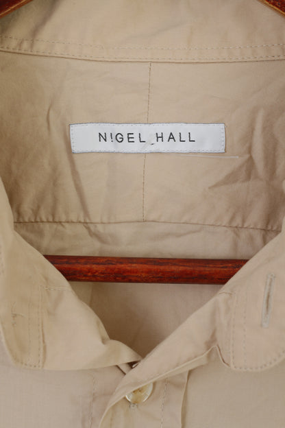 Nigel Hall Men XL Casual Shirt Beige Cotton Emroidered Long Sleeve Top