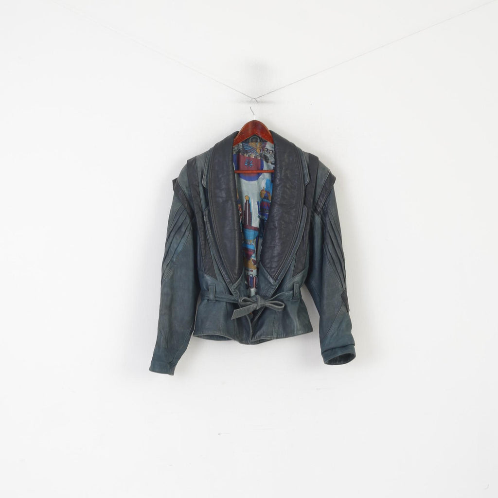 Vintage Women 40 M Jacket Blue Leather Shoulder Pads Retro Style Biker Belted Top