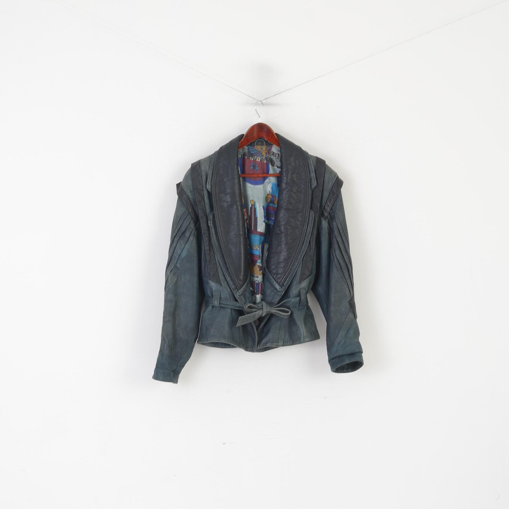 Veste Vintage pour femmes 40 M, épaulettes en cuir bleu, Style rétro, haut ceinturé de motard