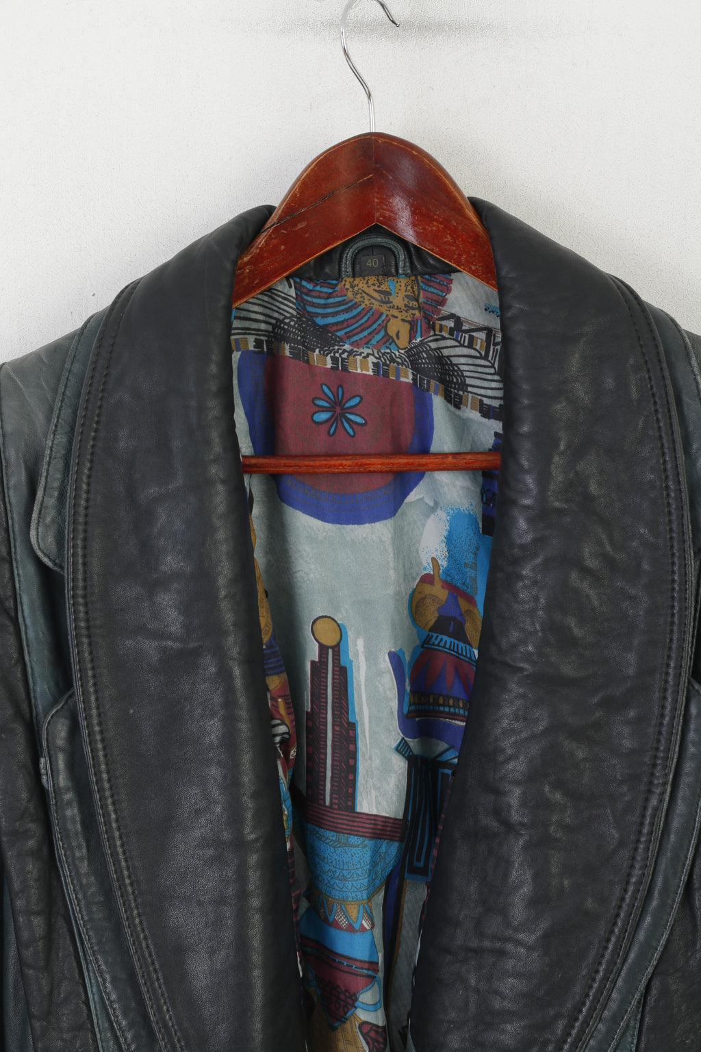 Vintage Women 40 M Jacket Blue Leather Shoulder Pads Retro Style Biker Belted Top