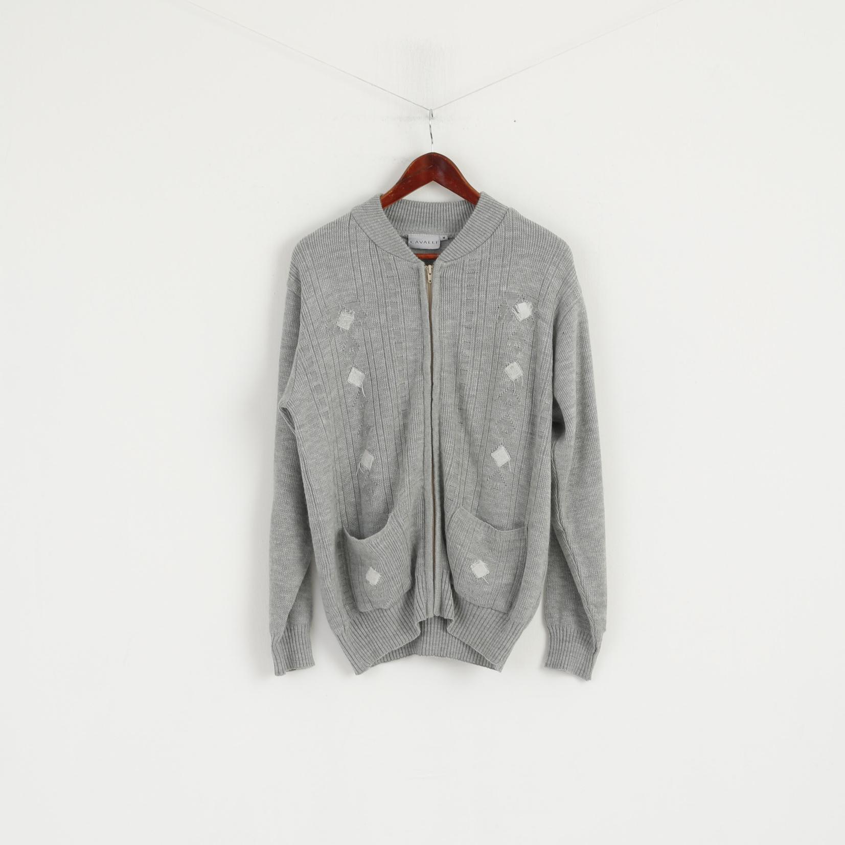 Cavalli Men M Sweater Grey Knit Full Zipper Cardigan Classic Wool Two Pockets Jumper