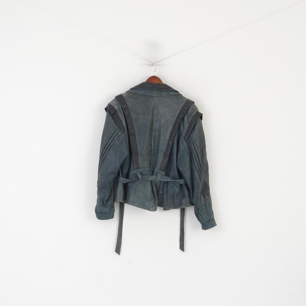 Vintage Women 40 M Jacket Blue Leather Shoulder Pads Retro Style Biker Belted Top