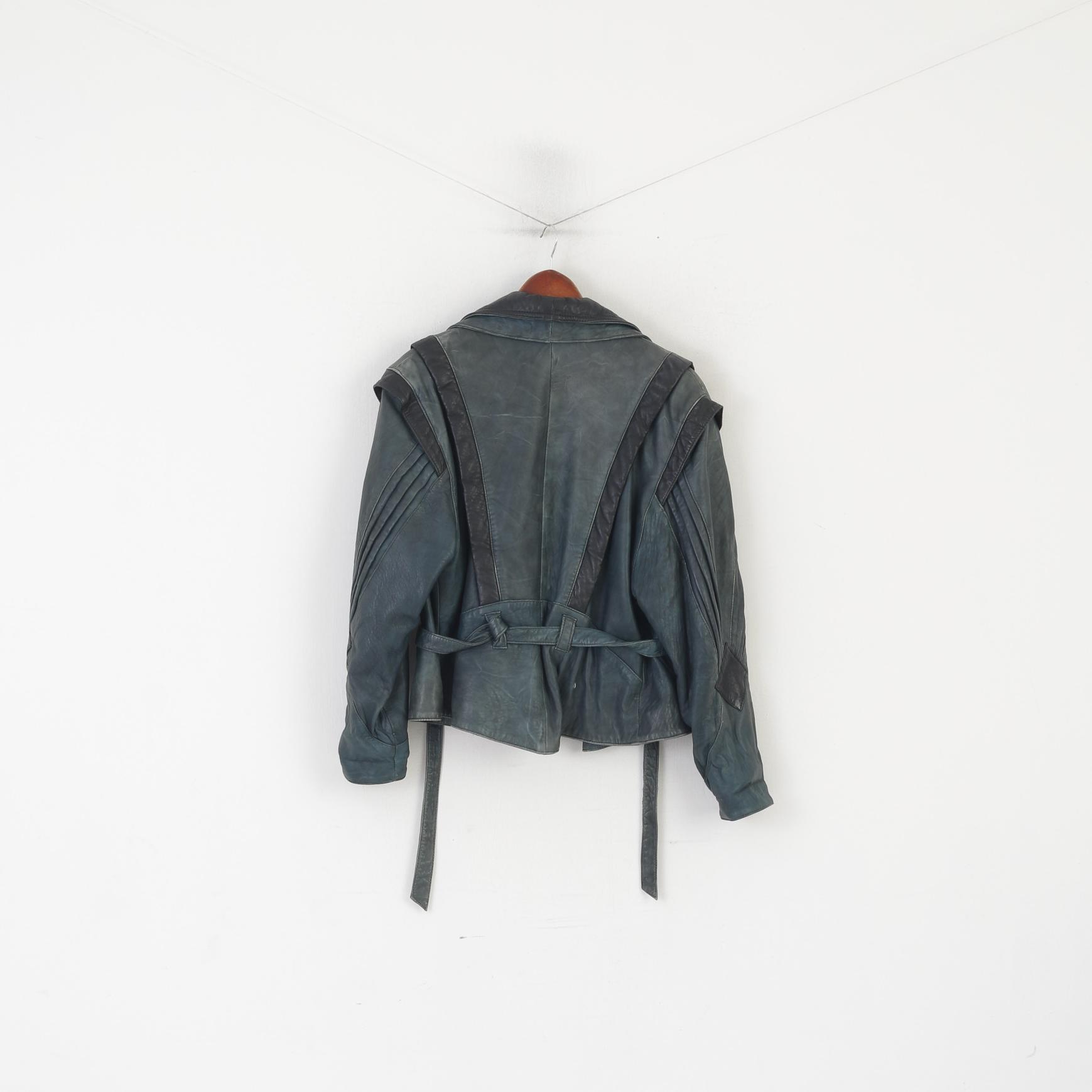 Vintage Women 40 M Jacket Blue Leather Shoulder Pads Retro Style Biker Belted Top