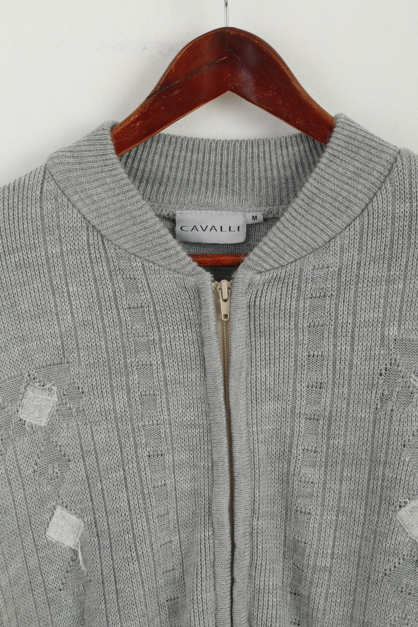 Cavalli Men M Sweater Grey Knit Full Zipper Cardigan Classic Wool Two Pockets Jumper