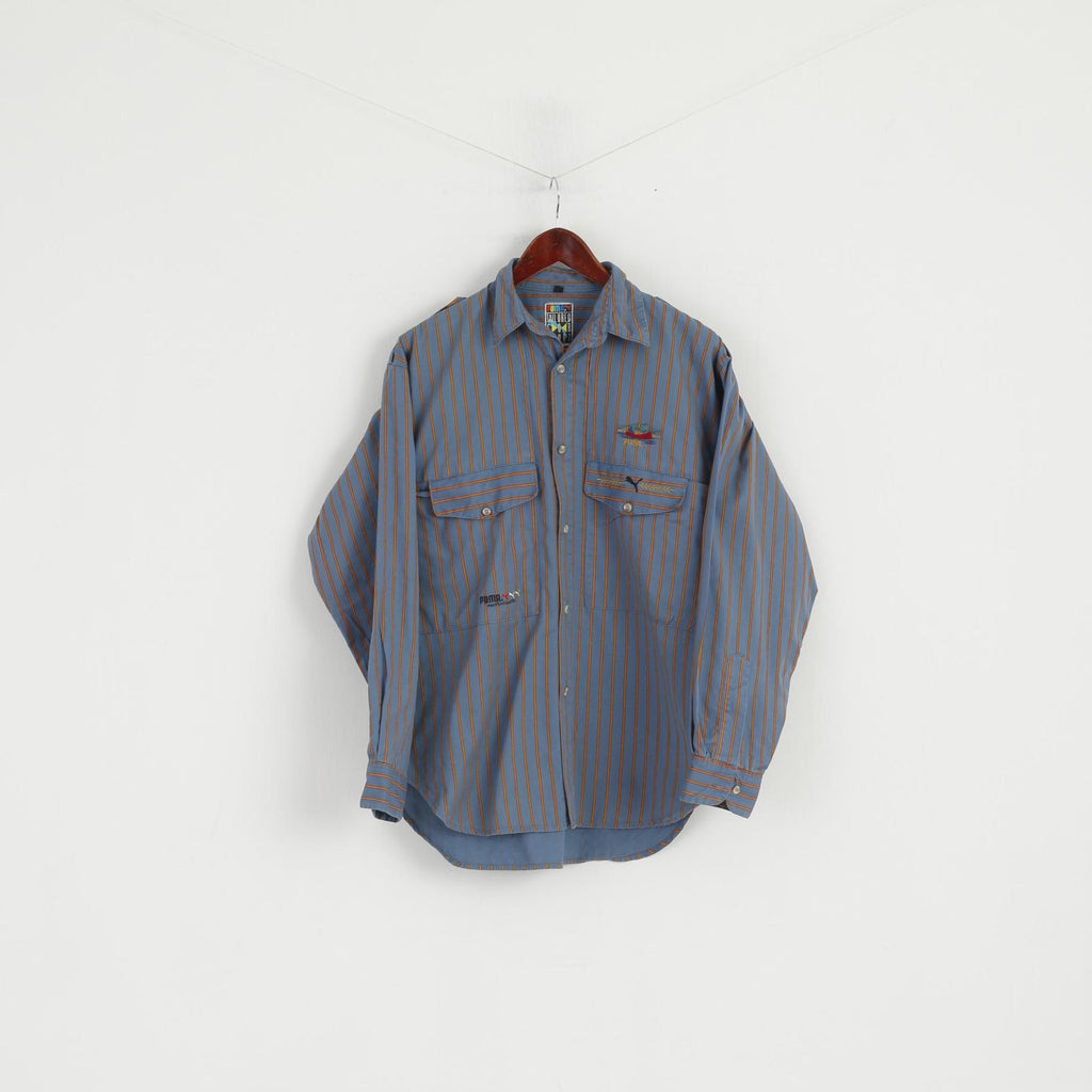 Puma Men S Casual Shirt Blue Striped Vintage Sport 90s Long Sleeve Emroidered Top