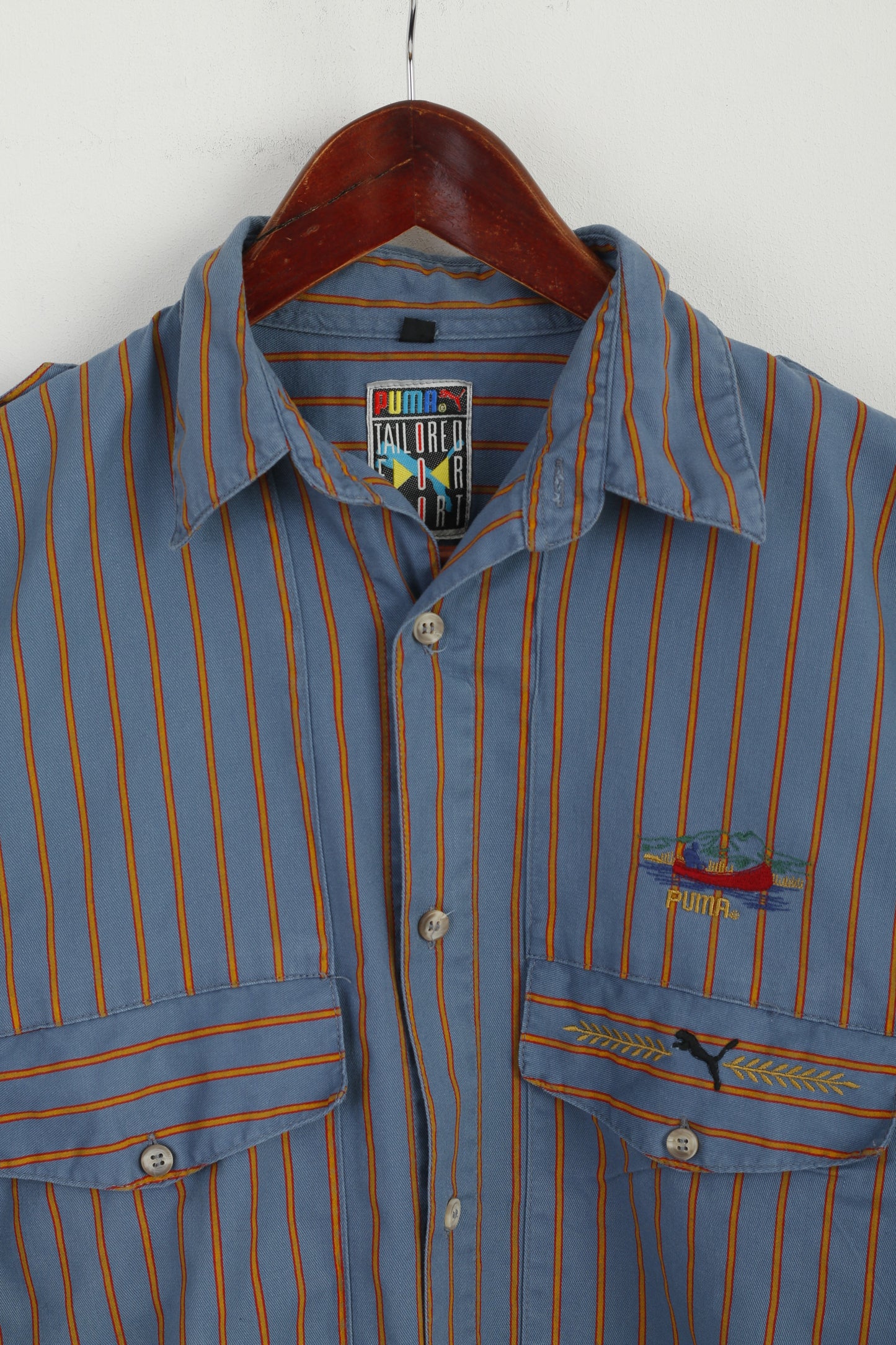 Puma Men S Casual Shirt Blue Striped Vintage Sport 90s Long Sleeve Emroidered Top
