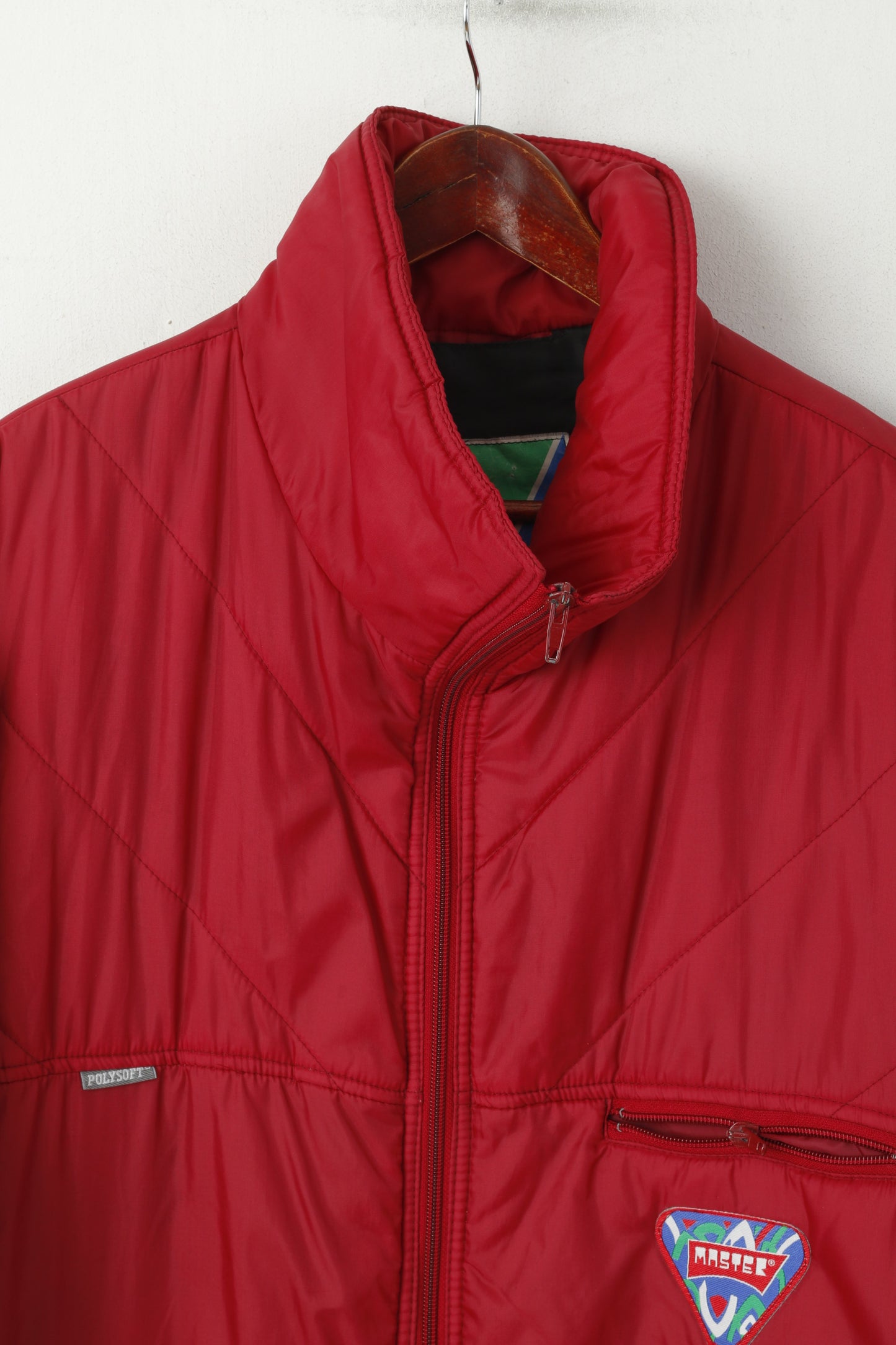Master Men XL Jacket Red Nylon Vintage 90s Full Zipper Detachable Sleeves Top