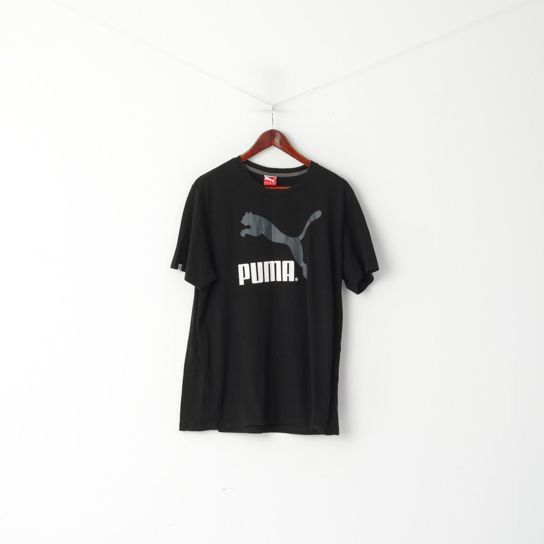 T-shirt Puma da uomo XL in cotone nero con logo Heritage, girocollo, top sportivo di base