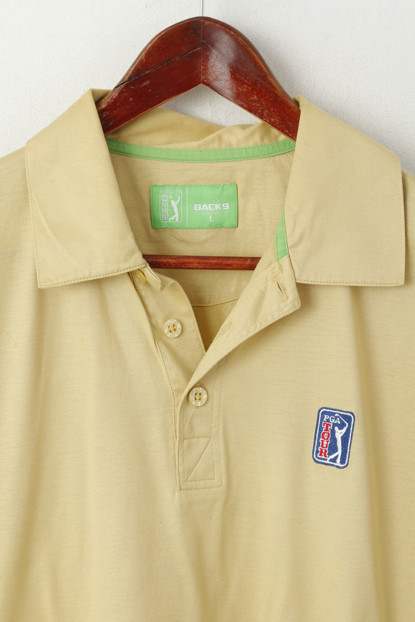 Back9 PGA Tour Hommes L Polo Beige Coton Golf Sport Vintage Boutons Détaillés Haut