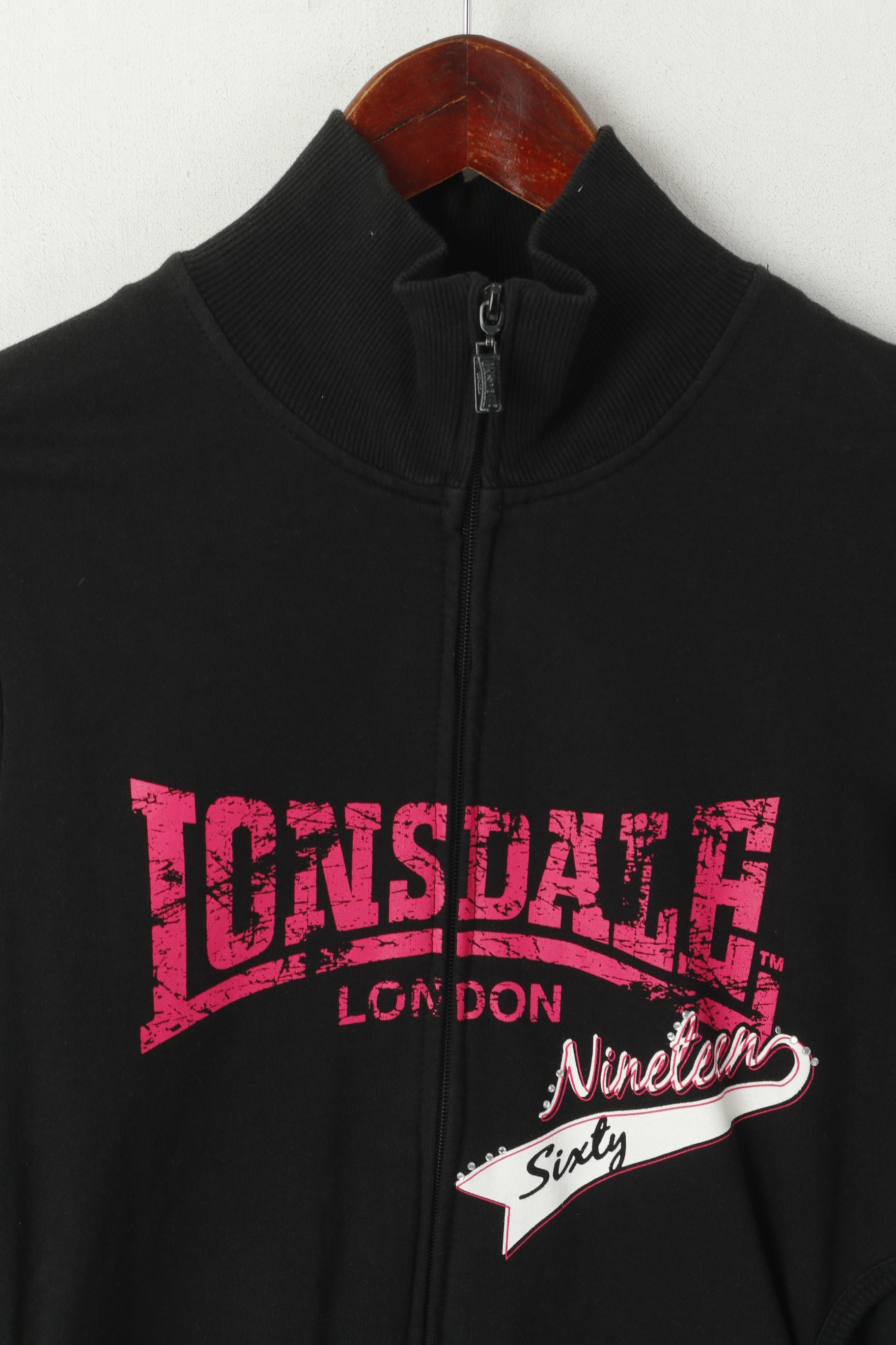Felpa Lonsdale London da donna 12 S. Top corto con zip intera in cotone nero con logo