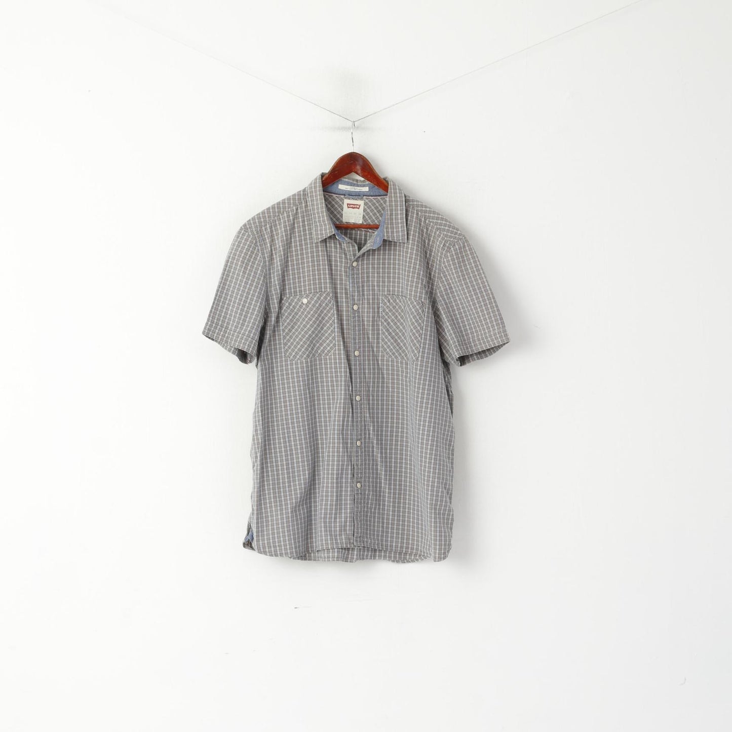 Levi's Men XXL Casual Shirt Gray Blue Checkered Cotton Standard Fit Vintage Top