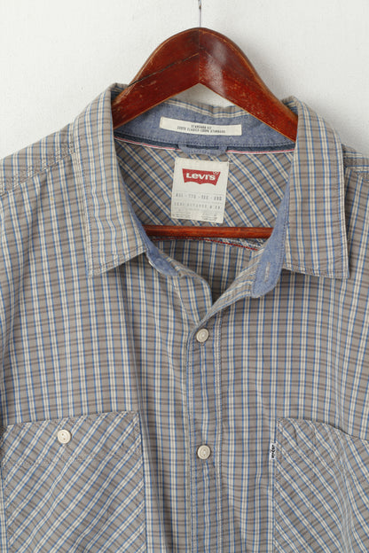 Levi's Men XXL Casual Shirt Gray Blue Checkered Cotton Standard Fit Vintage Top