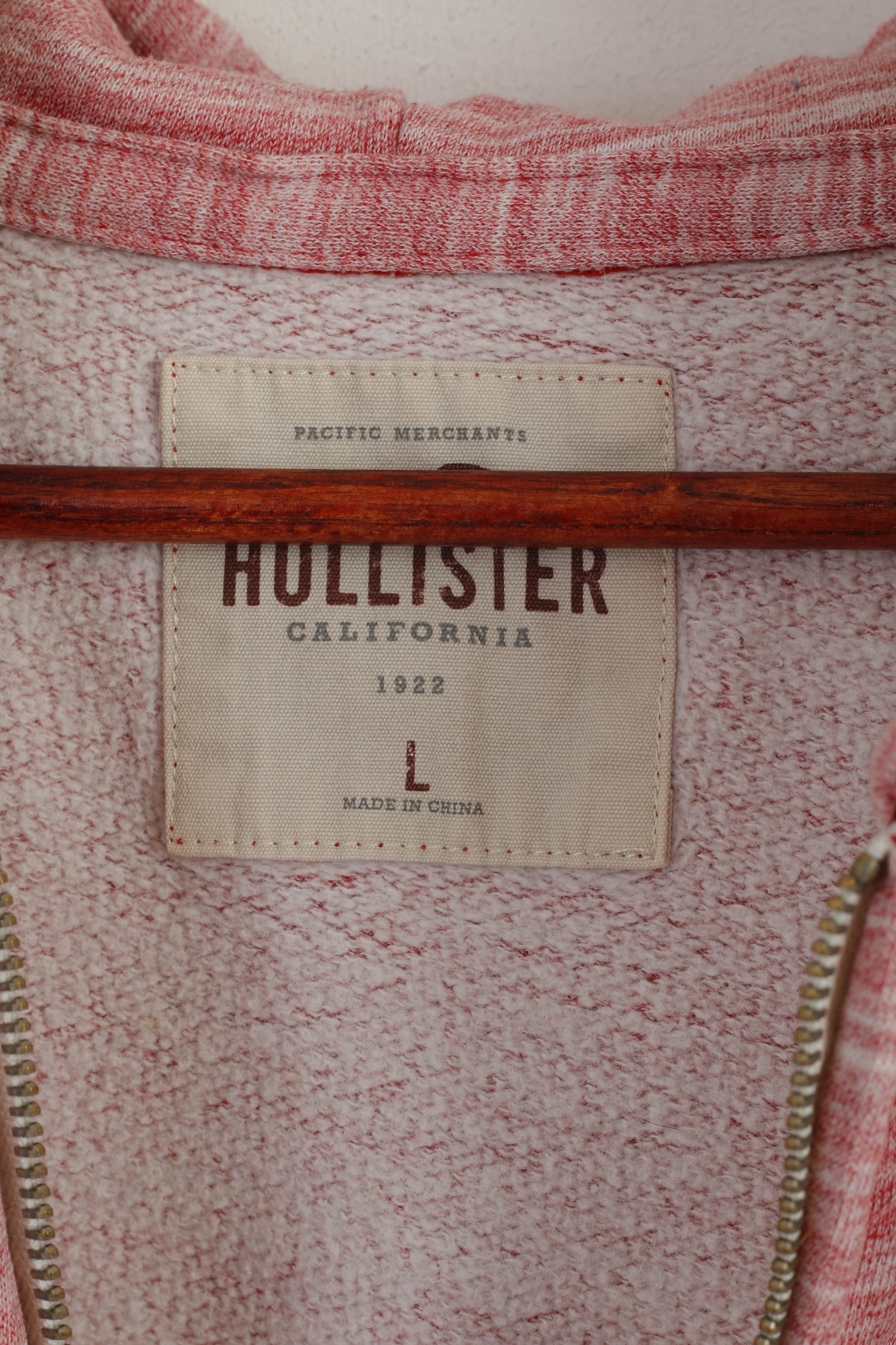 Felpa Hollister California da uomo L, top con cappuccio e cerniera intera in cotone sbiadito rosso