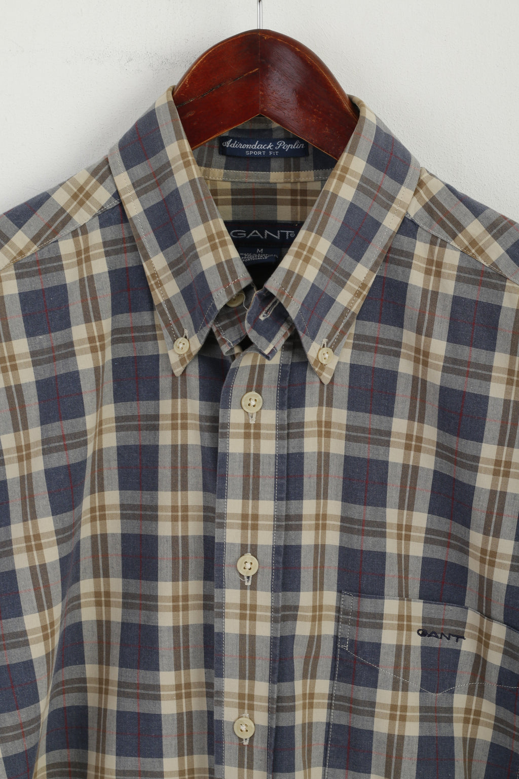 Gant Men M Casual Shirt Blue Check Sport Fit Adirondack Poplin Cotton Long Sleeve Top