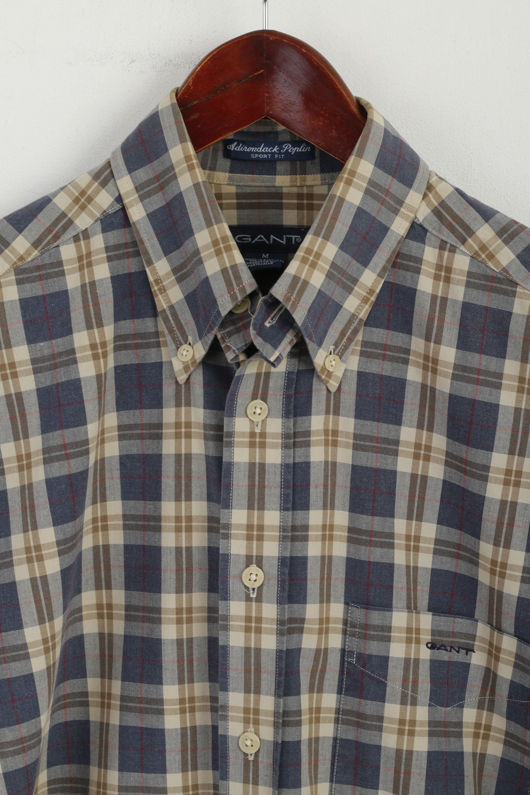 Gant Men M Casual Shirt Blue Check Sport Fit Adirondack Poplin Cotton Long Sleeve Top