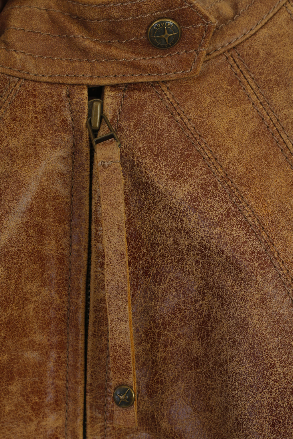 Soviet Women 10 S Jacket Camel Leather Biker Stand-Up Collar Zip Up Retro Top